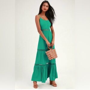 Jack By BB Dakota Green Boho Tiered Maxi Dress Crochet Lace Trim Size 6